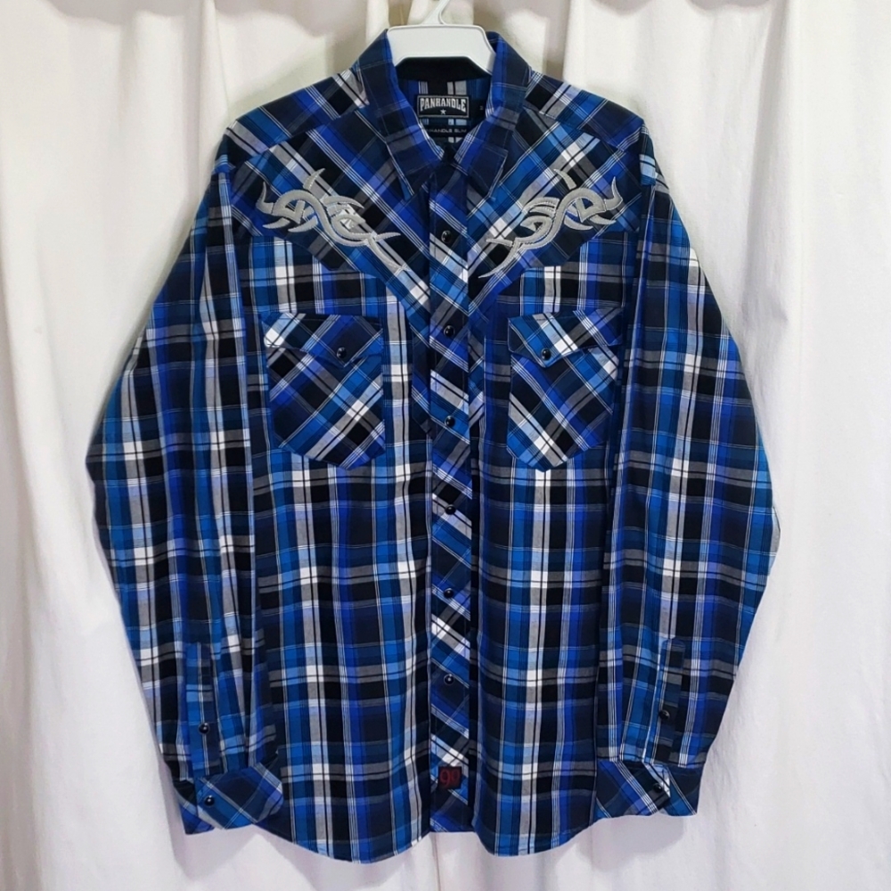 Panhandle slim fit Western pearl snap shirt size medium blue black plaid